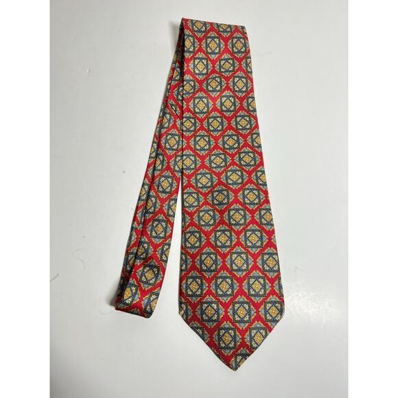 VTG Burberry Red Geometric 100% Silk Necktie Tie Made in USA by Hand - Picture 1 of 5